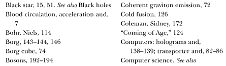 excerpt from second page of index to Physics of Star Trek
