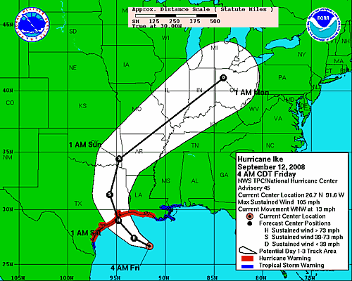 Hurricane Ike track as of 9-12-08